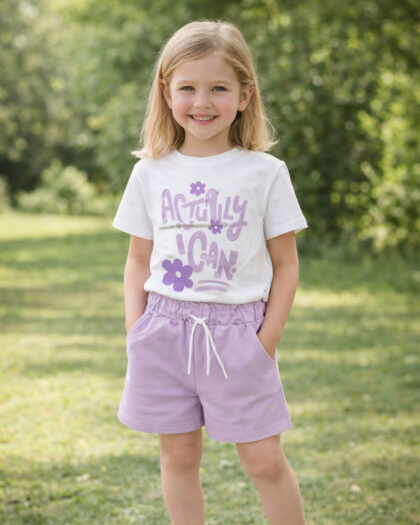 Kız Çocuk Baskılı Lila Renk Şortlu İkili Takım