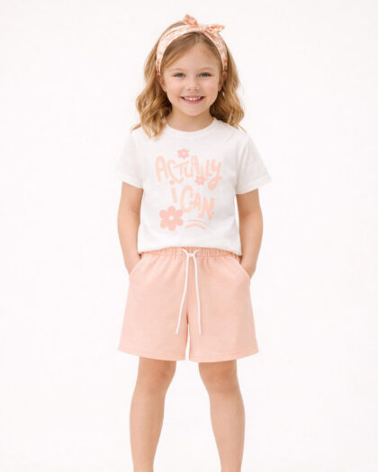 Kız Çocuk Baskılı Pudra Renkli Şortlu İkili Takım