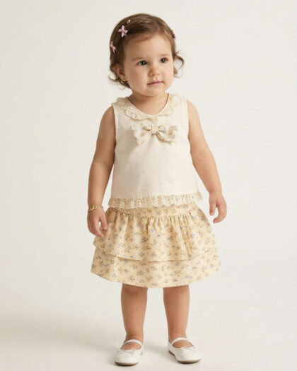 Kız Bebek Dantel Detaylı Önü Fiyonklu Beli Lastikli Kat Etekli Şifon 2'li Takım