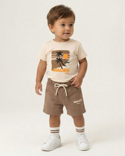 Erkek Bebek Baskılı Kahve Renkli Şortlu İkili Takım
