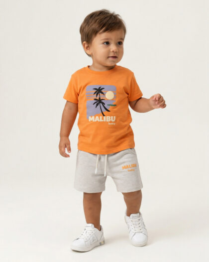 Erkek Bebek Baskılı Turuncu Renkli Şortlu İkili Takım
