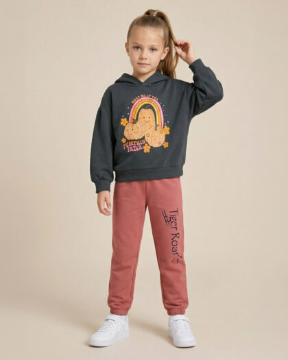 Kız Çocuk Baskılı Kapüşonlu Sweatshirt ve Eşofman Altı Takımı