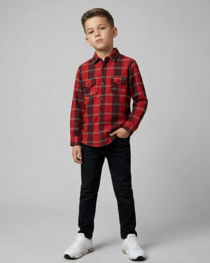 Erkek Çocuk Kırmızı Ekoseli Gömlek ve Siyah Jean Pantolon Takımı