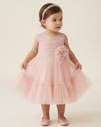 Kız Bebek Midi Boy Pembe Eteği Tütülü Pamuk Prenses Abiye Elbise