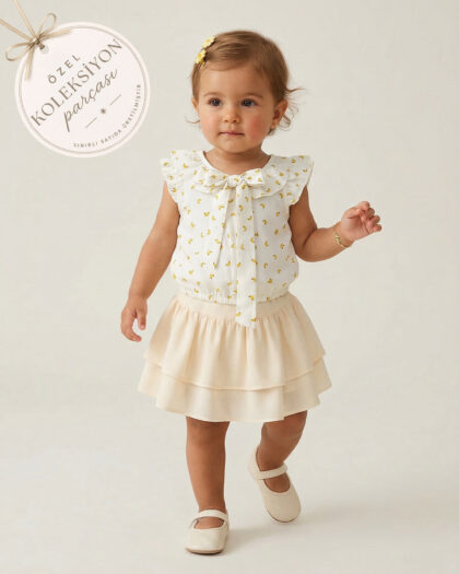 Kız Bebek Eteği Katlı Desenli Arka Bağcıklı 2'li Takım