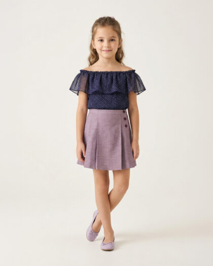 Kız Çocuk Kayık Yaka Lacivert Bluz ve Lila Pileli Etek Kombini