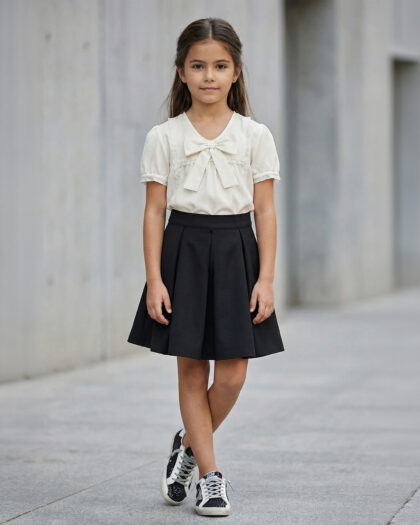 Kız Çocuk Ekru Fiyonk Detaylı Bluz ve Siyah Pileli Etek Takım