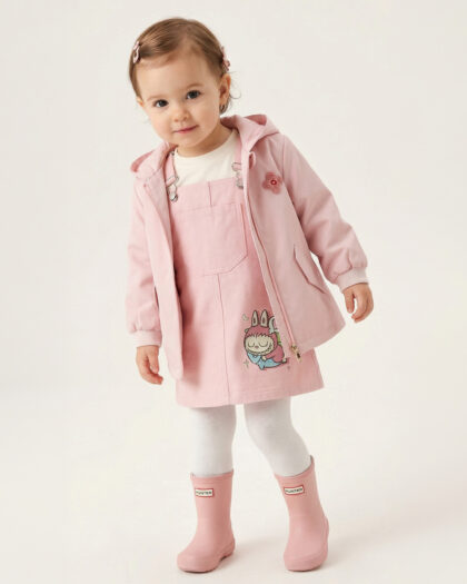 Kız Bebek Pembe Kapüşonlu Mont ve Salopet Elbise Takımı