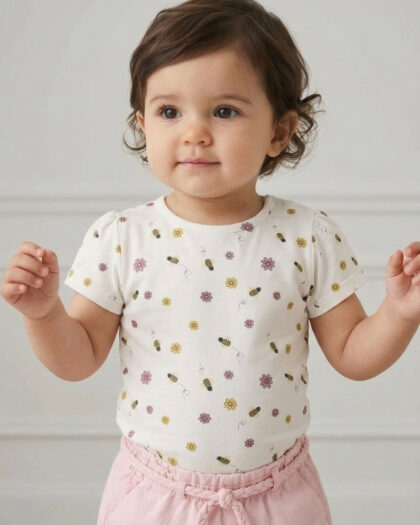 Kız Bebek Arılı Çiçek Desenli Pamuklu Kısa Kollu Tshirt