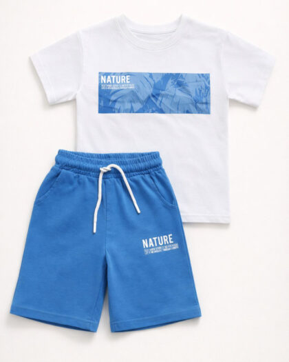 Erkek Çocuk Beyaz Baskılı Tişört ve Mavi Şortlu İkili Takım