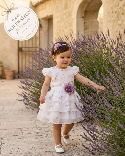 Kız Bebek Gül Detaylı Desenli Kat Kat Tüllü Elbise