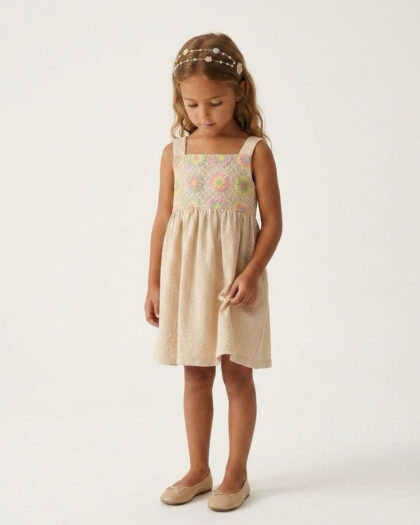 Çiçek Nakışlı Krem Renk Kız Çocuk Elbise