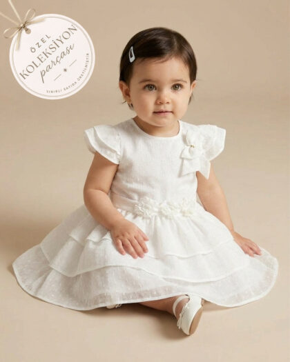 Kız Bebek Beyaz Kat Kat Fırfırlı Tütülü Zarif Kurdele Detaylı Özel Gün Elbisesi