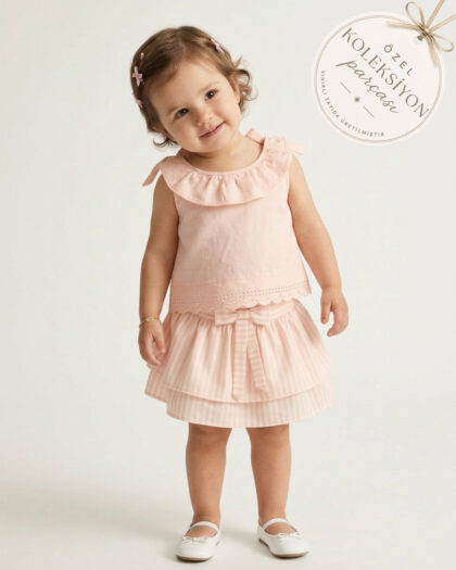 Kız Bebek Somon Pembe Fırfırlı Bluz & Katlı Etek Takım