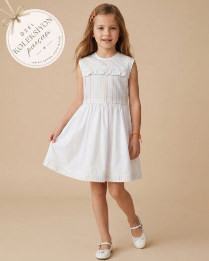 Kız Çocuk Renkli Çizgi Detaylı Fırfırlı Elbise