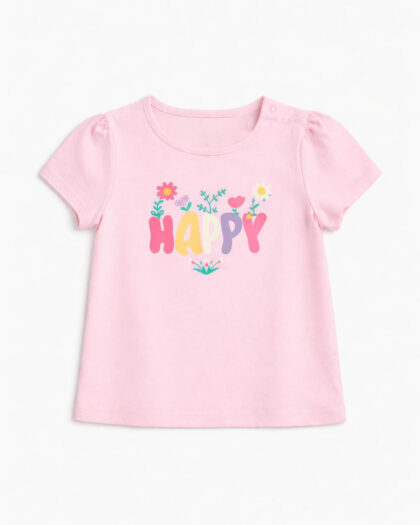 Kız Bebek Pembe ‘Happy’ Çiçek Desenli Kısa Kollu Tshirt