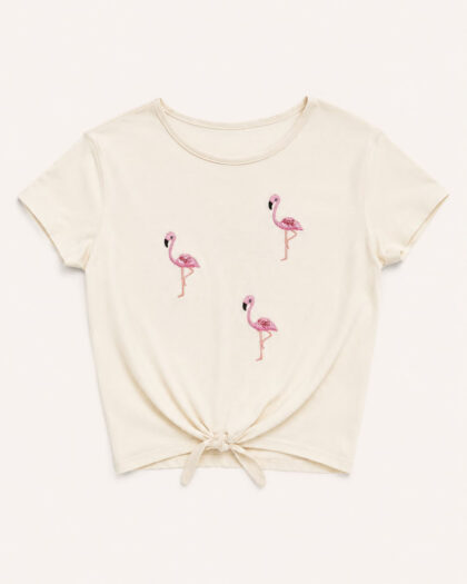 Kız Çocuk Flamingo Nakışlı Bağlama Detaylı Tshirt